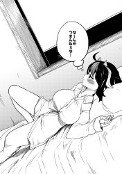 Rule 34 | 1girl, absurdres, ahoge, bottomless, breasts, cone horns, dutch angle, greyscale, highres, himajin noizu, horns, kijin seija, long sleeves, lying, monochrome, naked shirt, on bed, shirt, solo, touhou, translation request
