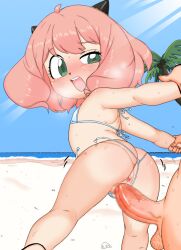 1boy 1girl anus anya_(spy_x_family) arm_held_back ass beach bikini bikini_bottom_aside blue_sky blush breath censored clothing_aside day dot_nose eyebrows eyelashes feet_out_of_frame flat_chest grabbing_another&#039;s_arm green_eyes half-closed_eye hetero hoshime loli looking_at_penis looking_back looking_down medium_hair moaning mosaic_censoring nose_blush ocean open_mouth outdoors penis pink_hair pussy restrained sand sex sex_from_behind sky solo_focus spy_x_family standing standing_sex swimsuit teeth upper_teeth_only vaginal variant_set water white_bikini