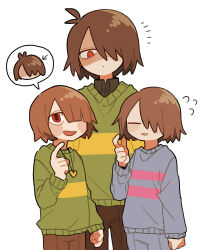 Rule 34 | 3others, = =, absurdres, alternate hairstyle, androgynous, antenna hair, arm at side, blue sweater, blunt bangs, brown hair, brown pants, chara (undertale), closed mouth, cowboy shot, deltarune, dot mouth, flying sweatdrops, frisk (undertale), green sweater, hair over one eye, hand up, heart pendant, height difference, highres, in-franchise crossover, index finger raised, kris (deltarune), looking at another, multiple others, notice lines, one eye covered, open mouth, other focus, pants, red eyes, short hair, simple background, smile, speech bubble, spoken character, standing, sweater, swept bangs, tadeno, undertale, white background