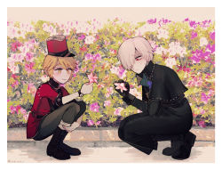 Rule 34 | 2boys, albino, andrew kreiss, bags under eyes, belt, black gloves, blonde hair, blush, bush, capelet, closed mouth, cross scar, facial scar, flower, full body, gloves, green neckerchief, hair over one eye, hat, holding, holding flower, identity v, kneeling, long sleeves, looking at another, male focus, multiple boys, neckerchief, pink flower, purple flower, red eyes, red headwear, scar, scar on cheek, scar on face, short hair, short sleeves, smile, stitched mouth, stitches, sweat, tendenbarabara, twitter username, victor grantz, watch, white hair, wristwatch, yellow eyes