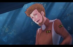 Rule 34 | 1boy, :d, beard, brown eyes, brown hair, cheekbones, commission, facial hair, highres, kisun (r-type), male focus, no0-okome, open mouth, pixiv commission, r-type, r-type tactics, smile, solo, space, uniform, upper body
