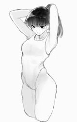 Rule 34 | 1girl, absurdres, armpits, arms behind head, arms up, blush, closed mouth, collarbone, competition swimsuit, greyscale, guhanshounen, highres, komi-san wa komyushou desu, komi shouko, long hair, monochrome, one-piece swimsuit, ponytail, simple background, sketch, solo, swimsuit, white background