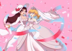 Rule 34 | 2girls, alternate costume, blonde hair, blue eyes, bow, bracelet, breasts, bridal veil, brown hair, cleavage, confetti, donkey kong (series), dress, earrings, elbow gloves, eyeshadow, female focus, gloves, gold bracelet, hat, hat bow, hat ribbon, highres, jacket, jewelry, long dress, long hair, looking at another, makeup, mario (series), medium breasts, multiple girls, nintendo, open clothes, open jacket, pants, parted lips, pauline (mario), pink background, pink eyeshadow, princess peach, red bow, red lips, red ribbon, ribbon, saiwo (saiwoproject), sphere earrings, standing, sun hat, super mario odyssey, tiara, veil, wedding dress, white dress, white gloves, white hat, white jacket, white pants, white veil, wife and wife, yuri