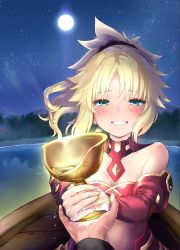 Rule 34 | 1girl, bare shoulders, blonde hair, blush, boat, braid, breasts, chalice, commentary request, cup, detached sleeves, fate/apocrypha, fate (series), chalice, green eyes, hair ornament, hair scrunchie, highres, holding, long hair, looking at viewer, moon, mordred (fate), mordred (fate/apocrypha), mozu (peth), night, outdoors, ponytail, red scrunchie, red sleeves, scrunchie, smile, solo focus, tears, teeth, watercraft