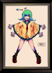 Rule 34 | 1girl, black socks, blue sailor collar, blunt bangs, character name, closed mouth, crescent moon, dated, empty eyes, extra arms, flipped hair, framed, framed insect, full body, green hair, heart, highres, impaled, insect pin, kneehighs, label, looking to the side, looking up, mary janes, medium hair, moon, nasuoishii, neckerchief, nizimine kakoi, outstretched arms, planet, poncho, radio antenna, red footwear, red neckerchief, sailor collar, shoes, short hair, socks, solo, spread arms, utau, white background, yellow eyes, zipper, zipper pull tab