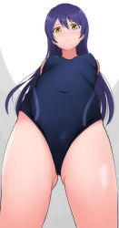 Rule 34 | 1girl, arms behind back, blush, competition swimsuit, embarrassed, from below, gluteal fold, highres, long hair, looking at viewer, looking down, love live!, one-piece swimsuit, open mouth, purple hair, simple background, solo, sonoda umi, swimsuit, thighs, wewe, yellow eyes