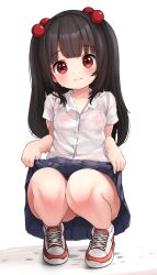 Rule 34 | 1girl, absurdres, black hair, blue skirt, blush, bra, closed mouth, collarbone, collared shirt, commentary, comodomodo, english commentary, full body, hair bobbles, hair ornament, highres, long hair, looking at viewer, lulla (comodomodo), miniskirt, navel, original, panties, pantyshot, pink bra, pleated skirt, red eyes, shirt, shoes, short sleeves, simple background, skirt, sneakers, solo, squatting, underwear, wet, wet clothes, wet shirt, white background, white panties, white shirt