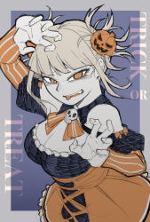 Rule 34 | 1girl, alternate costume, bags under eyes, black dress, blonde hair, boku no hero academia, breasts, cleavage, dress, gold floss, hair ornament, hands up, jack-o&#039;-lantern, jack-o&#039;-lantern hair ornament, large breasts, looking at viewer, messy hair, multicolored clothes, multicolored dress, orange dress, orange eyes, orange ribbon, ribbon, sidelocks, sketch, skull, slit pupils, solo, toga himiko, tongue, tongue out