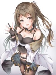 Rule 34 | 1girl, bare shoulders, blush, breasts, brown eyes, brown hair, choker, cleavage, collarbone, girls&#039; frontline, highres, jewelry, k2 (girls&#039; frontline), long hair, looking at viewer, medium breasts, open mouth, poe (528yuzunon), ring, smile, solo, thighhighs, undershirt, white background