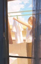 Rule 34 | 1girl, black eyes, brown hair, brown pants, clothesline, cloud, cloudy sky, curtains, day, drying, drying clothes, fjsmu, highres, indoors, laundry, long hair, open mouth, original, pants, shirt, sky, solo, white shirt