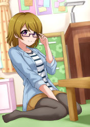 Rule 34 | 1girl, adjusting eyewear, adjusting glasses, aqua jacket, artist name, artist request, black legwear, blush, breasts, brown hair, brown skirt, cherry flutter (love live!), collarbone, curtains, desk, earrings, female focus, floor, flower earrings, full body, glasses, hair between eyes, highres, indoors, jacket, jewelry, koizumi hanayo, light brown skirt, long sleeves, looking at viewer, love live!, love live! school idol festival, love live! school idol festival all stars, love live! school idol project, miniskirt, no shoes, on floor, open clothes, open jacket, orange curtains, parted lips, plaid, plaid skirt, pleated, pleated skirt, purple eyes, semi-rimless eyewear, shirt, short hair, sitting, skirt, small breasts, smile, solo, striped clothes, striped shirt, table, white shirt