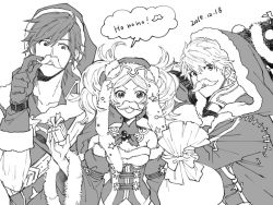 Rule 34 | 1girl, 2boys, bag, bare shoulders, blush, boots, brother and sister, christmas, chrom (fire emblem), chrom (winter) (fire emblem), dress, facial hair, fire emblem, fire emblem awakening, fire emblem heroes, gloves, greyscale, hair ornament, hood, lissa (fire emblem), lissa (winter) (fire emblem), long hair, looking at viewer, monochrome, multiple boys, mustache, nintendo, open mouth, robin (fire emblem), robin (male) (fire emblem), robin (male) (winter) (fire emblem), short hair, short twintails, siblings, smile, twintails