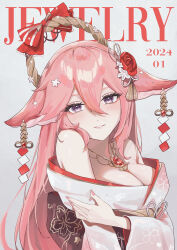 Rule 34 | 1girl, absurdres, alternate costume, animal ears, bare shoulders, blush, bow, breasts, cleavage, commentary request, cover, earrings, fake magazine cover, flower, fox ears, gem, genshin impact, grey background, hair between eyes, hair flower, hair ornament, highres, japanese clothes, jewelry, long hair, looking at viewer, magazine cover, medium breasts, moti11kkk29, nail polish, necklace, obi, off shoulder, parted lips, pink hair, pink nails, purple eyes, red gemstone, sash, smile, solo, upper body, very long hair, yae miko
