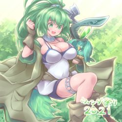 Rule 34 | 1girl, 2021, breasts, brown robe, cleavage, covered navel, duel monster, forest, green eyes, green hair, large breasts, looking at another, nature, nisemono faker, open mouth, ponytail, robe, solo, winda priestess of gusto, yu-gi-oh!