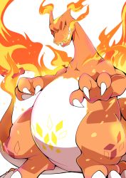 Rule 34 | azuma minatsu, charizard, colored sclera, commentary request, creatures (company), fire, flame-tipped tail, full body, game freak, gen 1 pokemon, gigantamax, gigantamax charizard, highres, looking at viewer, nintendo, no humans, open mouth, pokemon, pokemon (creature), red sclera, simple background, solo, standing, white background, yellow eyes