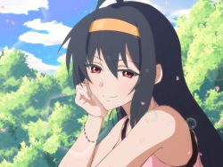 Rule 34 | 1girl, black hair, blue sky, blush, bracelet, camisole, closed mouth, commentary, day, doraemon: nobita no biohazard, english commentary, hair between eyes, hairband, hand on own cheek, hand on own face, head rest, jewelry, long hair, looking at viewer, midorikawa seina, outdoors, pink camisole, portrait, red eyes, scarlet-chan, sky, smile, solo, sparkle, tree, yellow hairband