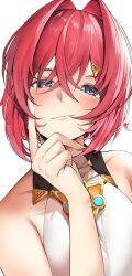 Rule 34 | absurdres, ange katrina, ange katrina (1st costume), bare shoulders, blue eyes, blush, dress, hair between eyes, hair intakes, hand on own face, highres, jewelry, looking at viewer, necklace, nekozane ryo, nijisanji, red hair, short hair, smirk, smug, triangle hair ornament, virtual youtuber, white background, white dress