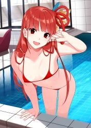Rule 34 | 1girl, absurdres, bikini, blunt bangs, bow, breasts, checkered ribbon, collarbone, commentary request, hair bow, highres, kotonoha akane, long hair, mikoma sanagi, nail polish, open mouth, pool, red bikini, red eyes, red hair, small breasts, solo, straight hair, swimsuit, voiceroid, window