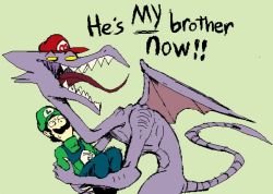 Rule 34 | 2boys, crossover, english text, facial hair, fangs, gloves, hat, hug, koopaklownkartexpress, luigi, mario (series), metroid, multiple boys, mustache, nintendo, open mouth, overalls, ridley, sharp teeth, simple background, standing, super mario bros. 1, super smash bros., sweat, tail, teeth, text focus, tongue, tongue out, wings