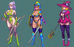 Rule 34 | 3girls, animated, animated gif, armor, bikini armor, blonde hair, blue eyes, bouncing breasts, bow (weapon), breasts, chijoku no troll busters, cleavage, dark-skinned female, dark skin, elf, hat, multiple girls, navel, panties, pixel art, pointy ears, quiver, red-p, sideboob, staff, sword, thighhighs, underwear, weapon, witch, witch hat