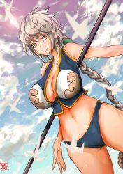 Rule 34 | 10s, 1girl, :&gt;, absurdres, adapted costume, arms at sides, asymmetrical hair, braid, breasts, cleavage, cloud print, dutch angle, female focus, highres, jitome, kantai collection, large breasts, long hair, looking at viewer, midriff, navel, norman maggot, shikigami, silver hair, single braid, smile, solo, swimsuit, unryuu (kancolle), very long hair, wavy hair, yellow eyes
