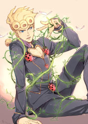 Rule 34 | 1boy, bad id, bad pixiv id, blonde hair, blue eyes, braid, bug, butterfly, cleavage cutout, clothing cutout, giorno giovanna, highres, insect, jojo no kimyou na bouken, ladybug, linjie, male focus, pectoral cleavage, pectorals, plant, solo, vento aureo, vines