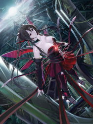 Rule 34 | 1girl, bare shoulders, black hair, breasts, choker, cityscape, cleavage, detached sleeves, flying, highres, large breasts, long hair, mecha musume, okingjo, original, red eyes, science fiction, signature, skirt, solo, very long hair, wings
