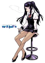 Rule 34 | 1girl, artist name, bad id, bad pixiv id, bartender, cigarette, cocktail, cocktail glass, commentary request, copyright name, cup, drinking glass, english text, high heels, isakawa megumi, jill stingray, necktie, pantyhose, pencil skirt, purple hair, red eyes, red necktie, skirt, smoking, solo, stool, twintails, va-11 hall-a, white background
