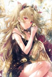 Rule 34 | 1girl, belt, birdcage, black dress, blonde hair, blush, bow, breasts, cage, cape, cleavage, collarbone, dangmill, detached sleeves, dress, earrings, ereshkigal (fate), fate/grand order, fate (series), flower, hair bow, highres, hoop earrings, infinity symbol, jewelry, long hair, looking at viewer, lying, medium breasts, on side, parted bangs, red bow, red cape, red eyes, skull, solo, thighs, two side up