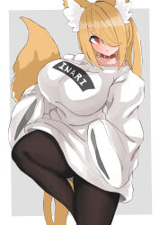 1girl absurdres animal_ear_fluff animal_ears belt_collar blonde_hair blush breasts clothes_writing collar expressionless foot_out_of_frame fox_ears fox_tail grey_background hair_over_one_eye highres huge_breasts long_hair long_sleeves looking_at_viewer original pantyhose parted_lips plump red_eyes regua simple_background sleeves_past_fingers sleeves_past_wrists solo standing standing_on_one_leg sweater tail thick_eyebrows thick_thighs thighs white_sweater wide_sleeves