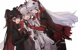 Rule 34 | 2girls, @ @, black dress, black hair, black jacket, blush, bodysuit, dress, fructose, grey bodysuit, grey dress, grey hair, hair between eyes, hair ornament, hair over eyes, hairclip, hand on another&#039;s shoulder, headgear, jacket, long hair, lucia: crimson abyss (punishing: gray raven), lucia: plume (punishing: gray raven), lucia (punishing: gray raven), luna: laurel (punishing: gray raven), luna (punishing: gray raven), mechanical arms, multicolored hair, multiple girls, necktie, open mouth, prosthesis, prosthetic arm, punishing: gray raven, red eyes, red hair, red necktie, red scarf, scarf, signature, single mechanical arm, strapless, strapless dress, sweatdrop, twintails, very long hair