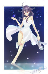 Rule 34 | 10s, 1girl, ahoge, alternate costume, bare shoulders, barefoot, dark background, dress, full body, hair flaps, highres, holding, holding shoes, kantai collection, light particles, long hair, magatama, magatama necklace, necklace, petals, purple hair, red eyes, ryuuhou (kancolle), shoes, smile, solo, standing, standing on one leg, taigei (kancolle), white dress, yuitsuki1206