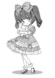 Rule 34 | 1girl, aged down, blush, bobby socks, bow, character doll, commentary request, dress, frilled dress, frills, full body, greyscale, hair bow, hanazono yurine, highres, holding, holding stuffed toy, jashin-chan, jashin-chan dropkick, lolita fashion, looking at viewer, mary janes, monochrome, shoes, smile, socks, solo, stuffed toy, twintails, yukiwo
