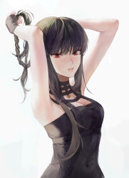 Rule 34 | 1girl, absurdres, adjusting hair, armpits, arms up, bare shoulders, black dress, black gloves, black hair, braid, breasts, cleavage, covered navel, dress, fingerless gloves, gloves, highres, long hair, looking at viewer, medium breasts, parted lips, red eyes, simple background, sleeveless, sleeveless dress, solo, spy x family, tanna, upper body, yor briar