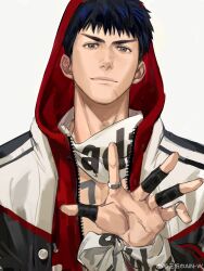 Rule 34 | 1boy, absurdres, bandaid, bandaid on hand, bare pectorals, black eyes, black sleeves, blue hair, chest tattoo, closed mouth, commentary request, furrowed brow, highres, hood, hood up, hooded jacket, jacket, jewelry, kami off record, light smile, long sleeves, looking at viewer, male focus, mitsui hisashi, multiple rings, number tattoo, open clothes, open jacket, outstretched hand, pectorals, red hood, red jacket, ring, scar, scar on chin, scar on face, scarf, short hair, simple background, slam dunk (series), solo, tattoo, thick eyebrows, two-sided fabric, two-sided jacket, upper body, very short hair, watermark, weibo logo, weibo username, white background, white jacket, white scarf, zipper