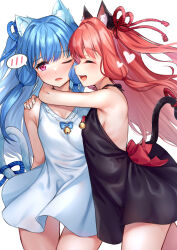 Rule 34 | 2girls, absurdres, animal ears, armpit crease, arms behind back, back bow, bare shoulders, bell, black dress, blue hair, blue ribbon, blush, bow, breasts, cat ears, cat girl, cat tail, closed eyes, commentary request, cowboy shot, dress, embarrassed, fang, floating hair, hair ribbon, halter dress, halterneck, heart, highres, hug, jingle bell, kemonomimi mode, kotonoha akane, kotonoha aoi, multiple girls, neck bell, nose blush, one eye closed, one side up, open mouth, red bow, red eyes, red ribbon, ribbon, siblings, sideboob, sidelocks, simple background, sisters, skin fang, sleeveless, sleeveless dress, small breasts, smile, spoken blush, tail, tail ornament, tail ribbon, tenneko yuuri, voiceroid, white background, white dress