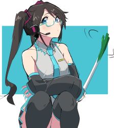 Rule 34 | 1girl, absurdres, bare shoulders, black hair, blue eyes, blush, cosplay, crossed arms, detached sleeves, glasses, green background, hatsune miku, hatsune miku (cosplay), headset, highres, idolmaster, idolmaster shiny colors, long hair, mitsumine yuika, motion lines, nail polish, necktie, official cosplay, ogasawara, panties, panty peek, pleated skirt, skirt, solo, spring onion, squatting, thighhighs, thighs, underwear, vocaloid