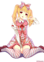 Rule 34 | 1girl, between legs, blonde hair, caidychen, drill hair, highres, original, red eyes, sitting, solo, striped clothes, striped thighhighs, thighhighs, twin drills, twintails, wariza, white background