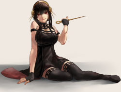 Rule 34 | 1girl, black dress, black footwear, black hair, boots, breasts, cleavage, commentary request, dagger, dress, facing viewer, fingerless gloves, gloves, hairband, highres, holding, holding dagger, holding knife, holding weapon, knife, large breasts, red eyes, short dress, short hair, sitting, solo, spy x family, tailcoat, thigh boots, user perz2587, weapon, yellow hairband, yokozuwari, yor briar