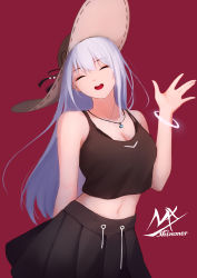 Rule 34 | 1girl, :d, ^ ^, artist name, black skirt, black tank top, breasts, brown hat, cleavage, closed eyes, drawstring, facing viewer, grey hair, hand up, hat, head tilt, highres, medium breasts, navel, open mouth, original, pleated skirt, red background, shimmer, simple background, skirt, smile, solo, tank top, teeth, upper teeth only
