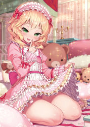 10s 1girl blonde_hair blurry candle clothes_lift depth_of_field dress female_focus finger_to_mouth frilled_dress frills green_eyes hairband idolmaster idolmaster_cinderella_girls idolmaster_cinderella_girls_starlight_stage lifting_own_clothes loli lolita_fashion lolita_hairband matanonki panties pantyshot pink_dress ribbon sakurai_momoka short_hair sitting skirt skirt_lift solo stuffed_animal stuffed_toy sweet_lolita teddy_bear tsurime underwear upskirt