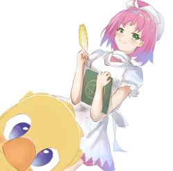 Rule 34 | 1girl, blue eyes, chocobo, closed mouth, dress, final fantasy, final fantasy fables, green eyes, hat, looking at viewer, pink hair, quill, shirma, short hair, simple background, smile, syica, white background, white mage (final fantasy)
