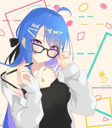 Rule 34 | 1girl, absurdres, adjusting eyewear, ahoge, alternate costume, anchor symbol, azur lane, bespectacled, blue hair, bow, casual, collarbone, commentary request, contemporary, eyes visible through hair, glasses, hair between eyes, hair bow, hair ornament, hair ribbon, hairclip, head tilt, helena (azur lane), highres, jewelry, long hair, long sleeves, looking at viewer, necklace, purple eyes, ribbon, sidelocks, simple background, solo, spaghetti strap, vayneeeee, white background