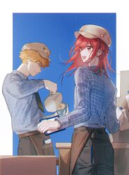 Rule 34 | 2boys, apron, black necktie, black pants, blue background, blue lock, blue shirt, brown apron, brown headwear, chigiri hyoma, clipboard, closed mouth, coffee, cowboy shot, cup, hand up, hat, highres, holding, holding clipboard, holding cup, kunigami rensuke, long hair, long sleeves, looking away, male focus, multiple boys, necktie, open mouth, orange hair, p66666l, pants, profile, red eyes, red hair, shirt, short hair, smile, standing, sweatdrop, waist apron