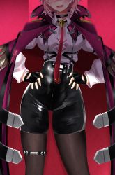 Rule 34 | 1girl, absurdres, bird girl, black pantyhose, black shorts, breasts, choker, coat, coat on shoulders, fingerless gloves, gloves, hand on own hip, head wings, high-waist shorts, highres, hololive, medium breasts, necktie, out of frame, pantyhose, pantyhose under shorts, pink hair, reiei 8, shiny clothes, short hair, shorts, smile, solo, takane lui, takane lui (1st costume), virtual youtuber, wings