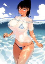 Rule 34 | 1girl, bikini, bikini under clothes, black hair, blue bikini, blue eyes, blue sky, blush, breasts, cloud, cowboy shot, day, full-face blush, large breasts, long hair, looking at viewer, micro bikini, navel, original, outdoors, panties, partially submerged, partially underwater shot, ponytail, puckered lips, see-through, sky, solo, standing, sweat, swimsuit, swimsuit under clothes, tan, thighs, underwater, underwear, water, wet, wet clothes, youshu ohepe