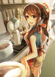 Rule 34 | 10s, 1girl, absurdres, alternate costume, alternate hairstyle, apron, ashigara (kancolle), bare shoulders, blue shirt, blurry, bow, brown eyes, brown hair, curry, curry rice, depth of field, fang, food, foreshortening, hair between eyes, hair bow, hairband, highres, indoors, kantai collection, kitazawa, kitazawa (embers), kitchen, long hair, looking at viewer, open mouth, plate, ponytail, pot, reaching, reaching towards viewer, rice, shirt, shorts, sleeveless, sleeveless shirt, solo, wavy hair