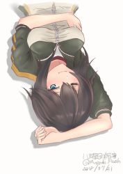 Rule 34 | 1girl, absurdres, arm up, artist name, black hair, blue eyes, dated, hayasui (kancolle), highres, jacket, kantai collection, looking at viewer, multicolored clothes, multicolored jacket, one eye closed, short hair, simple background, solo, track jacket, twitter username, upside-down, white background, yaegashi (muzzuleflash)