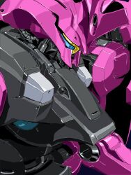 Rule 34 | assault visor, black background, dilanza guel custom, from side, gundam, gundam suisei no majo, highres, horns, mecha, mecha focus, mechanical parts, mobile suit, no humans, orrdriver, robot, science fiction, simple background, single horn, solo, upper body