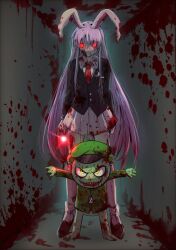 Rule 34 | 1boy, 1girl, animal ears, bear, beret, black footwear, blood, blood on clothes, blood on face, colored skin, dark persona, evil smile, flippy (happy tree friends), fliqpy (happy tree friends), formal, full body, glowing, glowing eyes, green skin, happy tree friends, hat, height difference, highres, himuhino, horror (theme), indoors, jewelry, long hair, long sleeves, looking at viewer, military hat, military uniform, miniskirt, necklace, necktie, open mouth, purple hair, rabbit ears, rabbit girl, red eyes, red necktie, reisen udongein inaba, shaded face, sharp teeth, shirt, skirt, smile, socks, suit, teeth, touhou, uniform, wall, white shirt, white skirt, white socks, yellow eyes